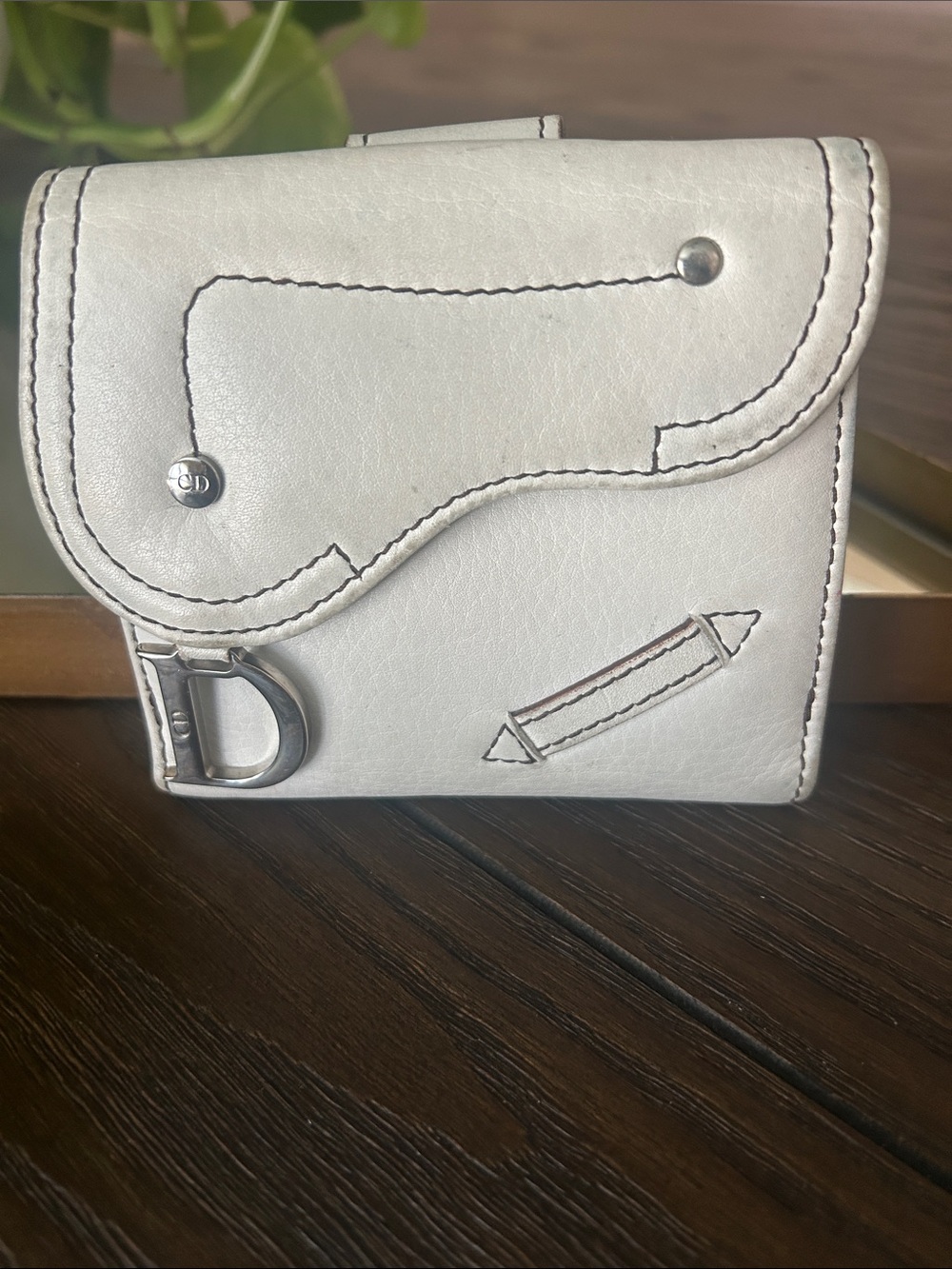 Christian Dior Vintage White Leather Gaucho Saddle Flap Wallet